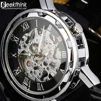 SHENHUA New Mechanical Skeleton Black Leather Wrist Silver Automatical Men's Watch steampunk Wristwatch Relogio New Classic