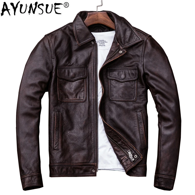 

AYUNSUE Genuine Cow Leather Jacket Men Plus Size Cowhide Leather Coat Short Bomber Jacket Veste Cuir Homme Vintage KJ1913