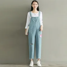 Весенние новые женские винтажные свободные джинсовые комбинезоны, повседневные джинсовые комбинезоны с вышивкой из мультфильма, рваные джинсовые комбинезоны, комбинезоны до щиколотки