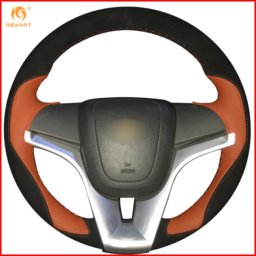 MEWANT Black Suede Orange Leather Car Steering Wheel Cover for