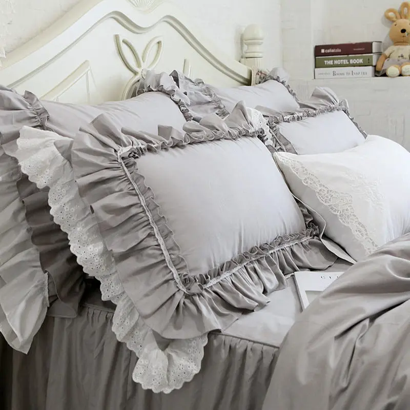 

2pcs pillow case European luxury big ruffle pillow cover handmade lace pillow cases embroidery pillow sham grey bedding textile