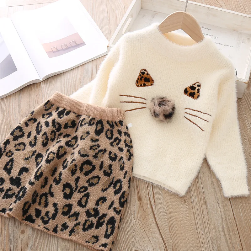 Yorkzaler Autumn Winter Kids Clothing Set For Girls Long Sleeve Sweater With Printed Leopard Skirt Casual Children 2pcs Outfits