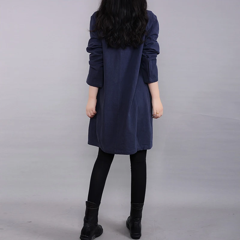 Cotton Linen Women's Long Sleeve Dress Ladies Solid Casual Loose Party Dress New