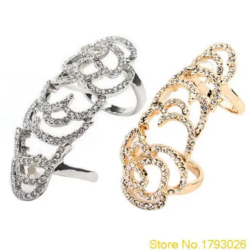 

Gothic Celebrity Rhinestone Rose Hollow Knuckle Long Armor Double Ring Jewelry