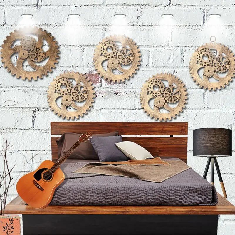 Wall Art Vintage Industrial Wooden Gear Chic Home Decor Bar Gear Decor Ornamentin Wall Stickers