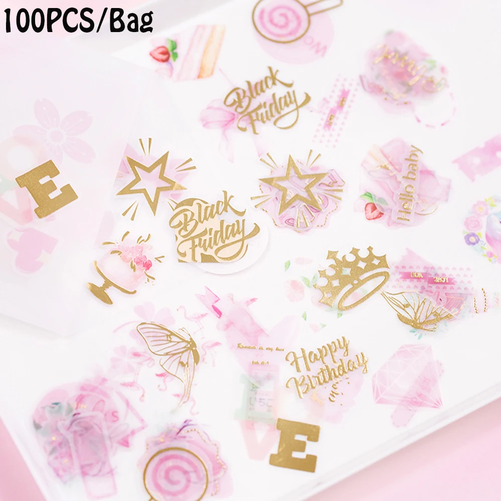 

100PCS/Bag Cute Irregular Shaped Paper Stickers Dyed Hot Stamping Series Dream Hand Diary DIY Craft Decorative 8 Styles