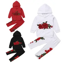 Вышивка Одежда для маленьких девочек 2 шт. Цветочный принт пуловер с капюшоном топы+ длинные брюки, костюм осень 3 цвета