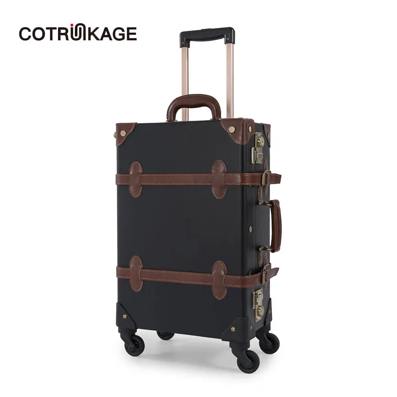 

COTRUNKAGE Black 26" Pu Leather Large TSA Lock Retro Luggage Suitcase Mens Travel Spinner Vintage Luggage Trunk with 4 Wheels