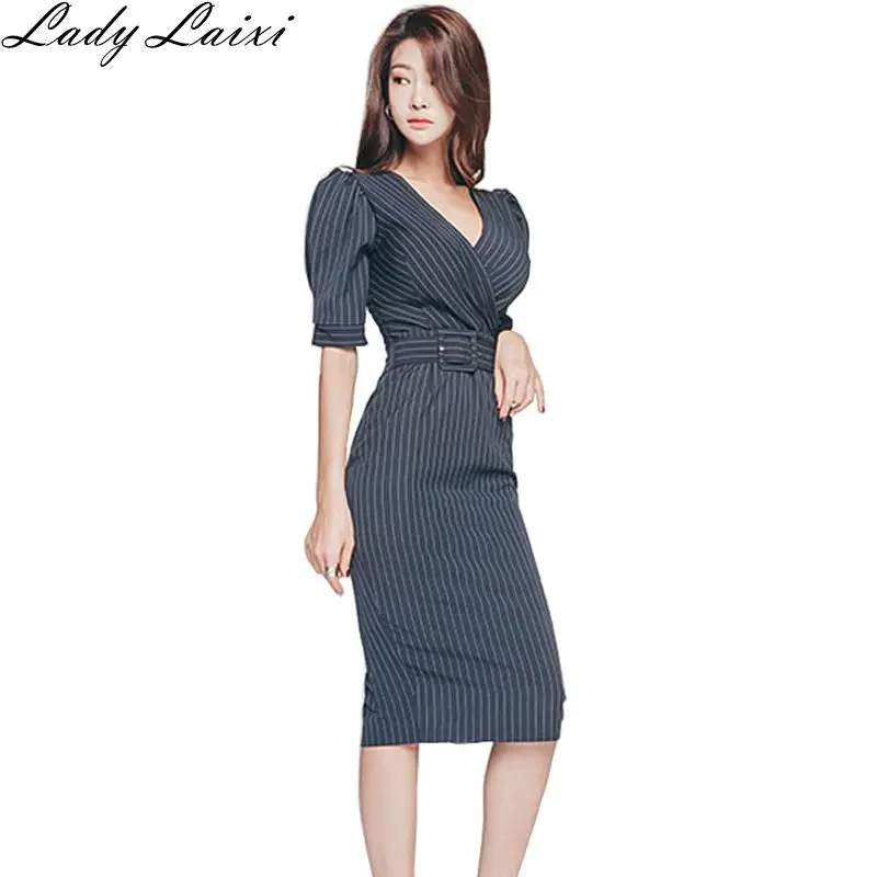 

2018 Summer Womens Striped Sheath Bodycon Pencil Dress Wear To Work Business Sashes Belt Sexy Fitted OL Vestidos 3 Color