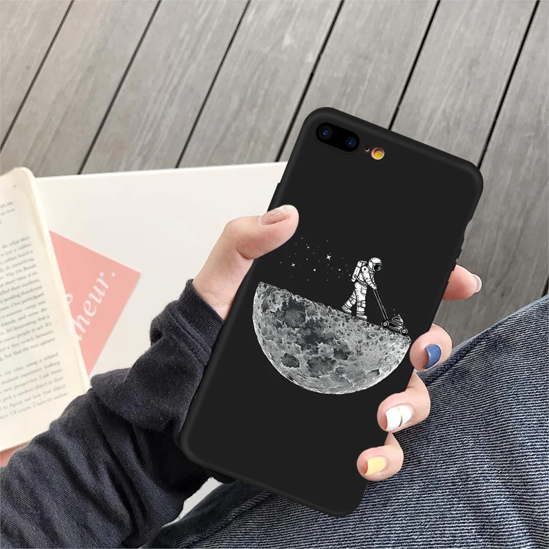 Чехол для телефона с космонавтом iPhone XS MAX XR X 7 8 6 6s Plus Planet Star матовый мягкий черный