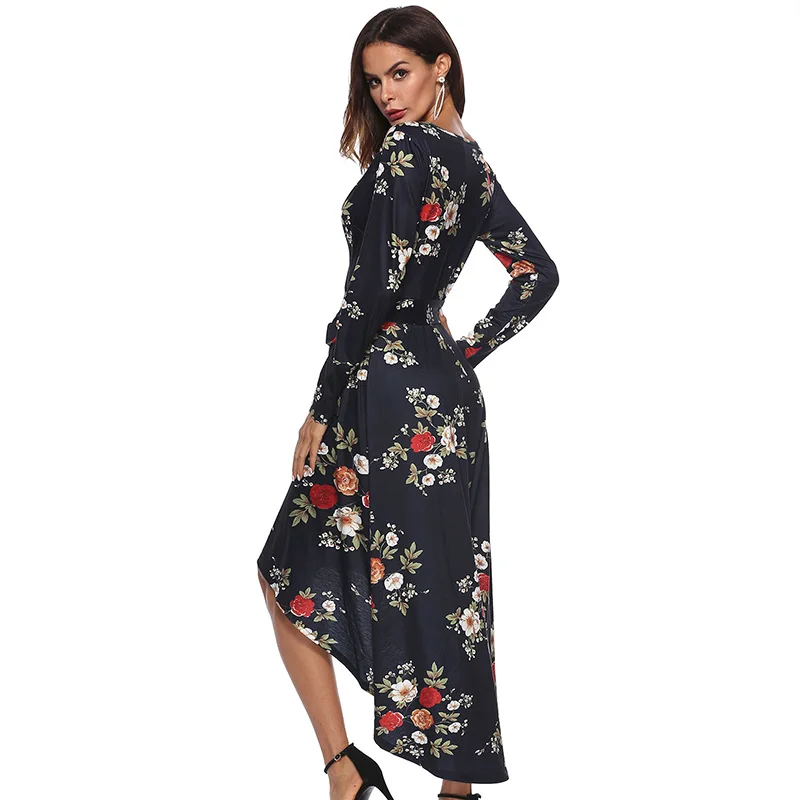ShejoinSheenjoy Wrap V-Neck Long Sleeve Autumn Women Long Dress Winter Flower Print High Low Maxi Dresses With Sashes Bow (4)