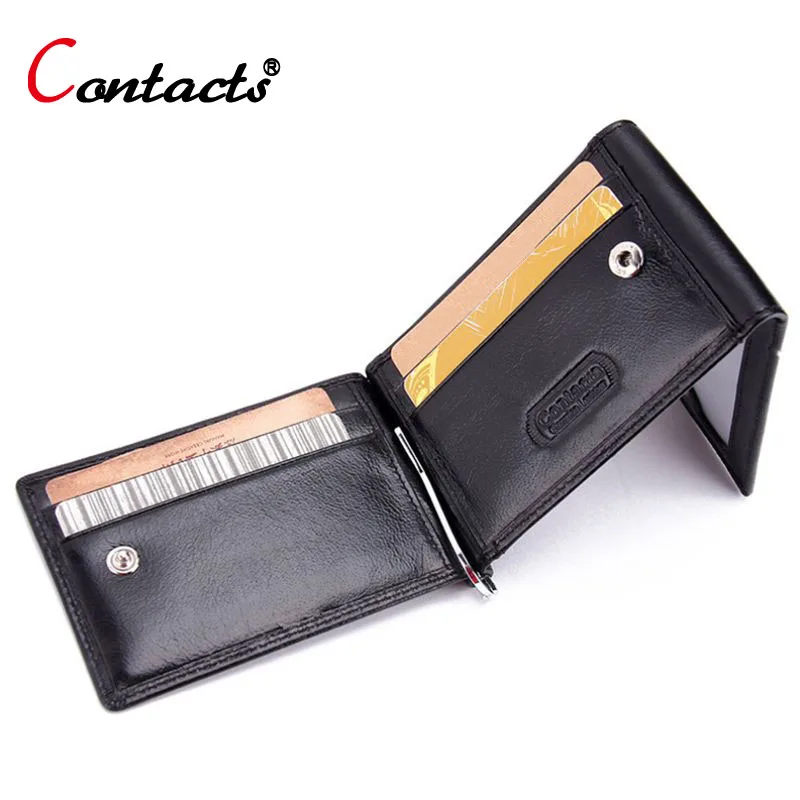 

CONTACT'S Card & ID Holder Men Wallets Genuine Leather Wallet Clamp For Money Money Clip Small Wallets Mini Perse Men Purse Coin