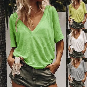 

2XL 3XL 4XL 5XL Women V-neck Summer T Shirt Sexy Loose Cotton Elastic Basic T-shirts Female Casual Tops Vestidos Plus Size