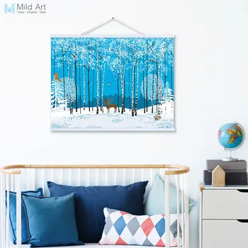 

Nordic Modern Snow Forest Animal Deer Birds Wooden Framed Canvas Painting Kawaii Home Decor Wall Art Print Picture Poster Scroll