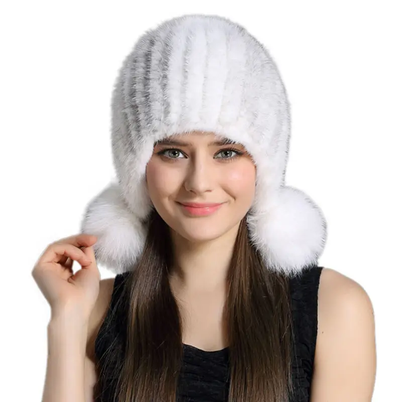 

2017 New Womens Real Mink Fur Hats Knitted Mink Fur Beanies Natural Mink Skullies with Fox Fur Ball Earmuffs AU00940