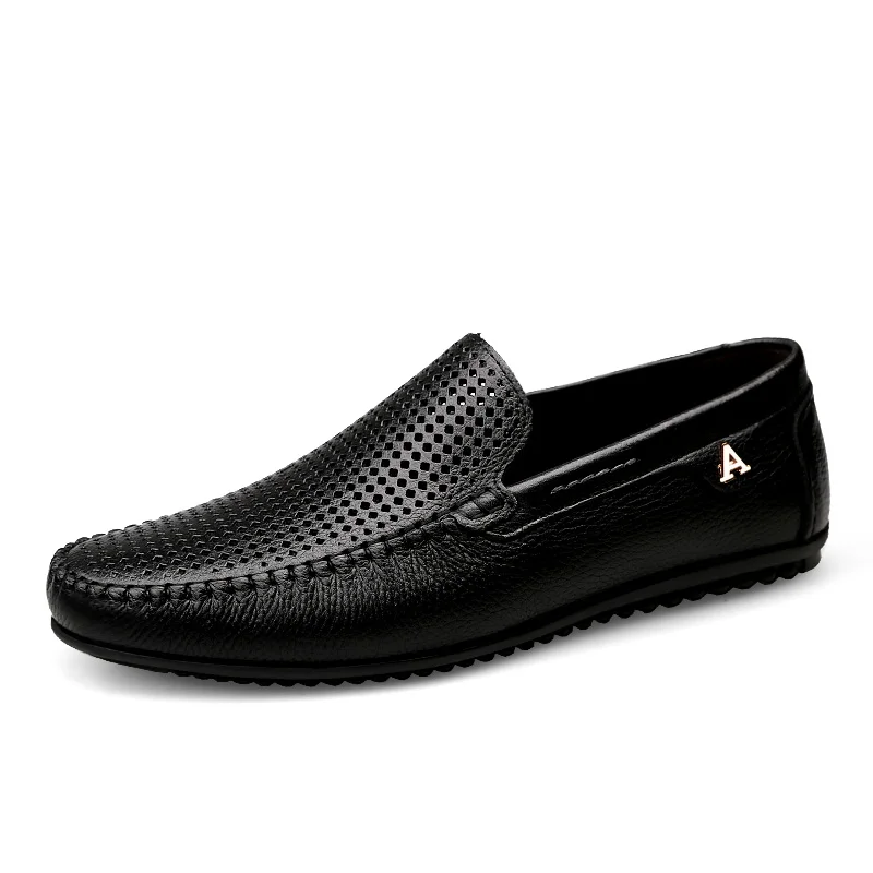 Мужские лоферы; кожаные повседневные Мягкие Мокасины высокого качества без шнуровки; Мужская обувь из натуральной кожи на плоской подошве; модные кроссовки для вождения размера плюс - Цвет: Black Hole