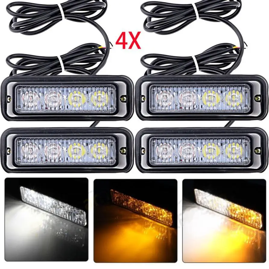 

100% new 4 PCs 12.5x3x3.5cm Waterproof Car Truck Accessory 4 LED Strobe Flash Amber Light Lamp Bulb 12 volt DC Low power 4W
