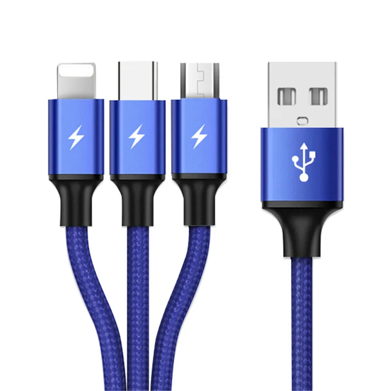 3 en 1 8Pin USB tipo C Micro USB Cable para iPhone 8X7 6 6 S Plus Samsung nokia USB rápido Cables de carga de Nylon cable Universal