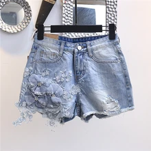 Женские Модные хлопковые джинсовые шорты с вышитыми бриллиантами и цветочным принтом, размеры S, M, L, XL, лето, новое поступление