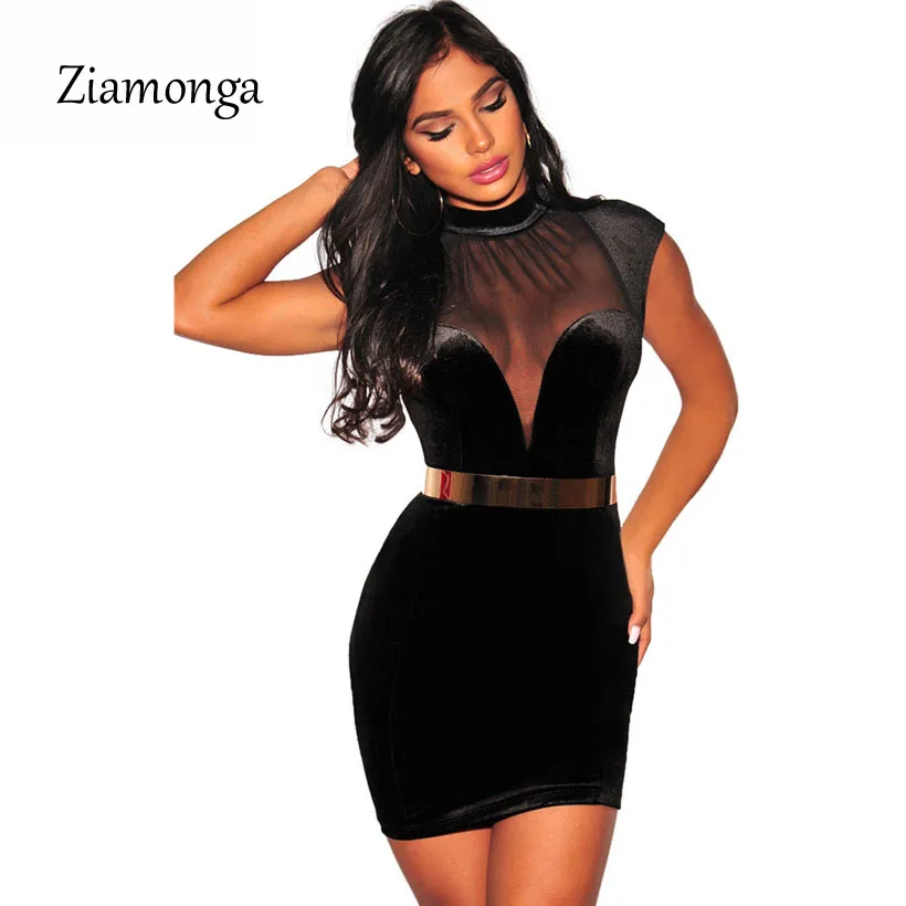 

Ziamonga 2018 Spring Velvet Bandage Women Dress Short Sleeve High Neck Female Elegant Vestido Sexy Party Bodycon Dresses Mujer