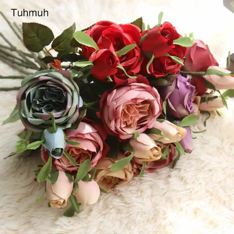 

2 Heads Artificial Rose Flowers Branch Simulation Silk Roses Fake Flower Home Wedding Decoration Vase Arrangement 10pcs