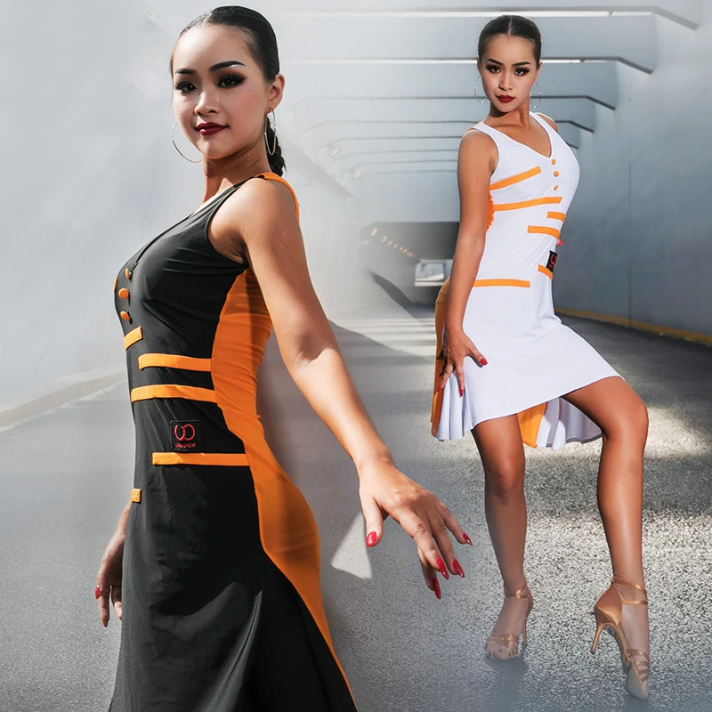 

New Dancing Dress Women Latin Sexy Button Irregular Dress Performance Dancing Clothes Ballroom Dance Competition Dress DQS1573