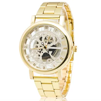 

HOT Men Stainless Steel watches2018 Simple Roman numerals Pointer hollow gold dial Luxury gold steel belt quartz watch relogio 6