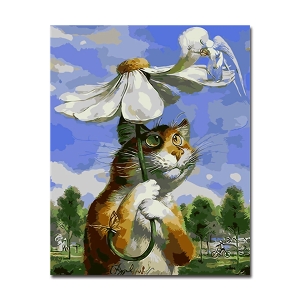 

Modular By Numbers Framework DIY Oil Painting Cartoon Cat Hold Flowers Umbrella Art Abstract Canvas For Home Decoration Pictures