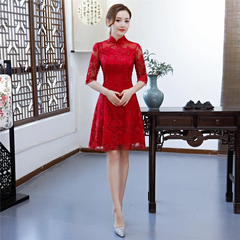 Шанхай история цветок вышивка Cheongsam платья Красные кружевные Qipao для Для женщин традиционное китайское платье свадебное платье