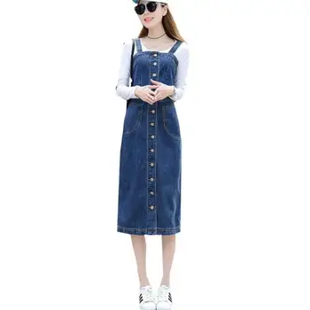 

Korean Women Denim Sundress 2018 spring Autumn Summer Long Sunspender Dress Single Breasted Casual Vestido Jeans Dress S213