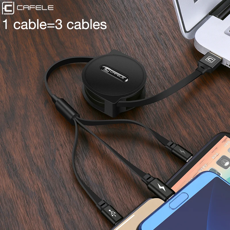 Caja protectora CAFELE Micro USB Cable de carga del teléfono Cable tipo-C Cable 3 en 1 para iphone Samsung Huawei Xiaomi teléfonos retráctil de sincronización de datos