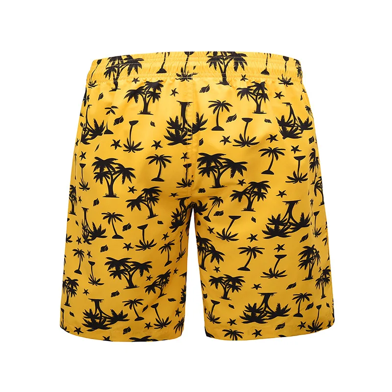 Summer Yellow Board Shorts Beach Surfing Swimwear Fitness Bodybuilding Swimming Trunks Coconut Tree Men's Bathing Suit