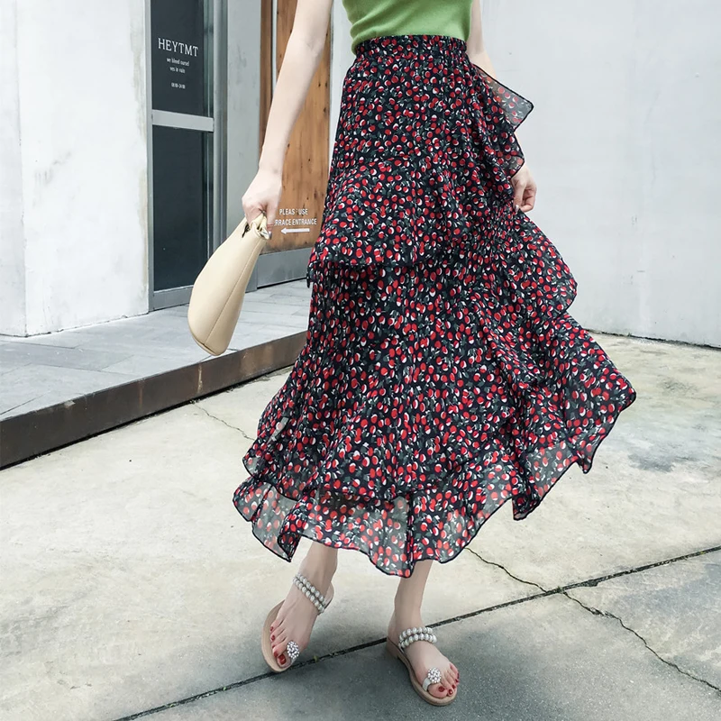 

BGTEEVER Irregular Ruffled Print Women's Skirt Elastic Waist Chiffon Skirts Womens Fashion Female Long Skirt Jupe Femme 2019