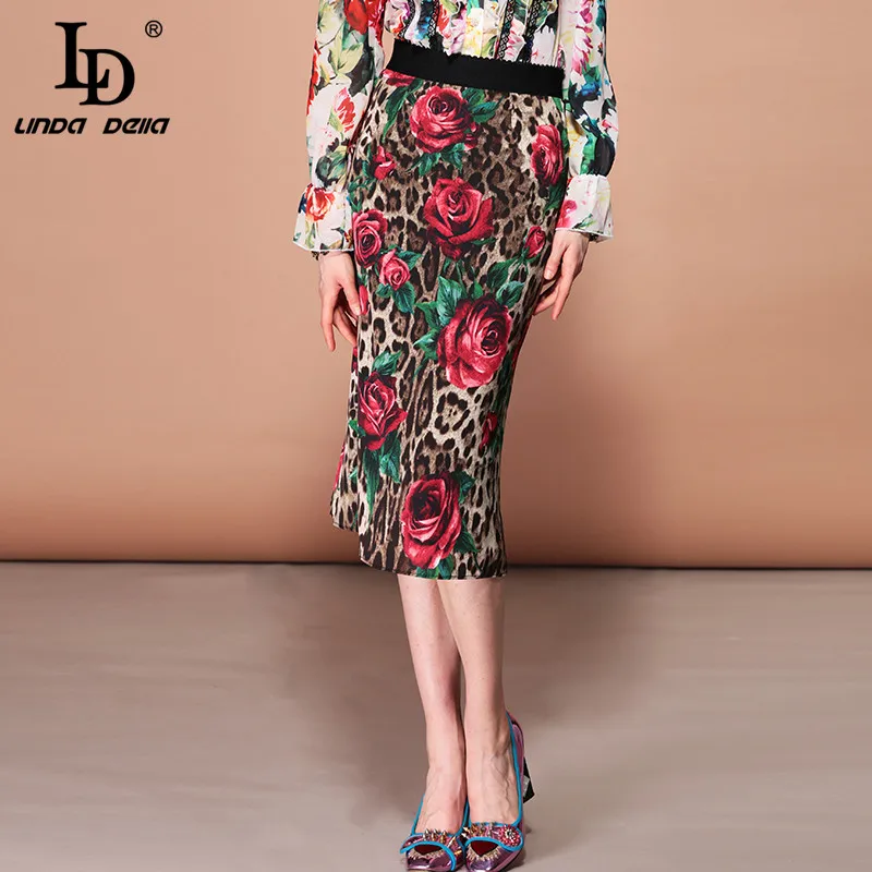 

LD LINDA DELLA Fashion Summer Skirt Women's Elegant Elastic Waist Bodycon Sexy Rose Floral Leopard Print Midi Pencil Skirts