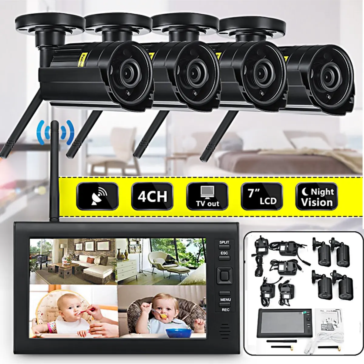 

4Pcs Digital Wireless CCTV Camera Waterproof 7inch LCD Baby Monitor DVR Home Room Security Surveillance System SecurityCam