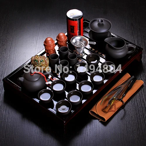 Chinese kung fu tea set porcelain tray purple grit ceramic teapot for the tea cups with saucers solid wood the pot 26pcs