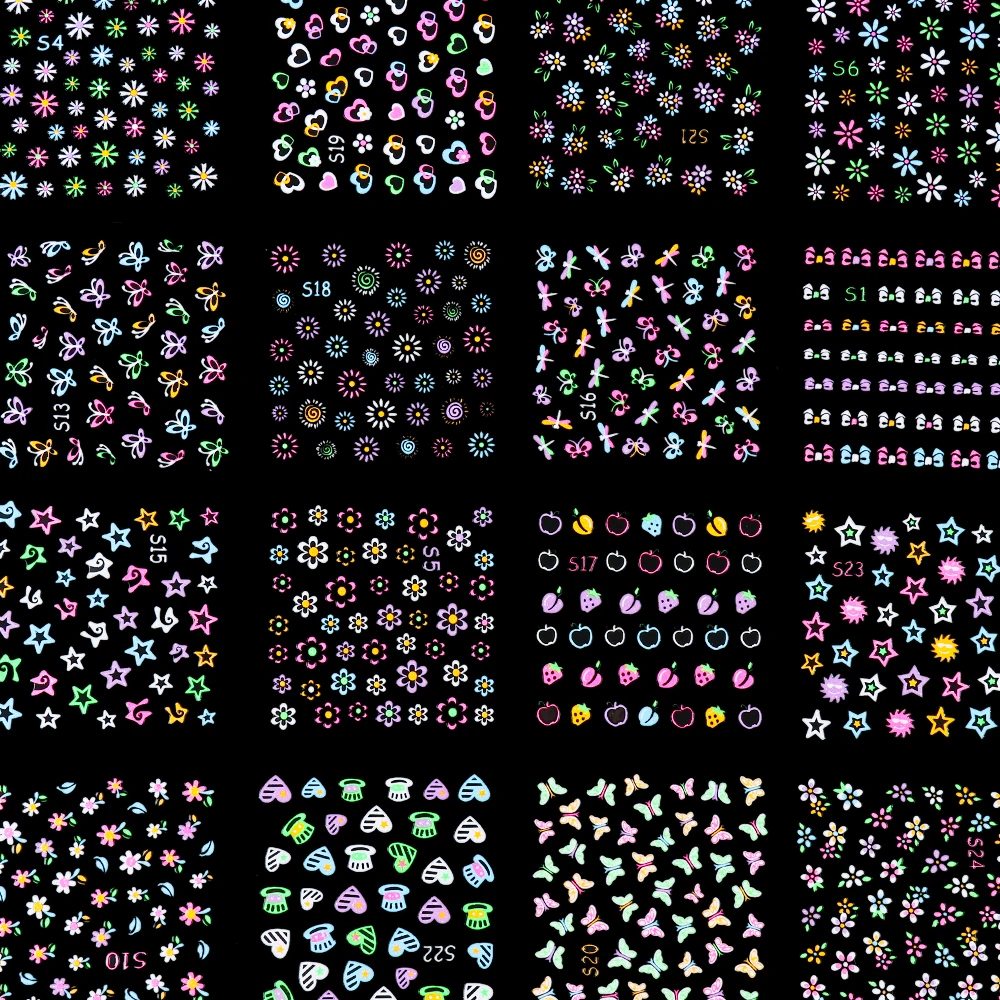 24 шт. флуоресцентный ноготь художественные наклейки 3D Неоновые бабочки цветы 3D слайдеры наклейки светящаяся клейкая оберточная бумага маникюрный набор украшений