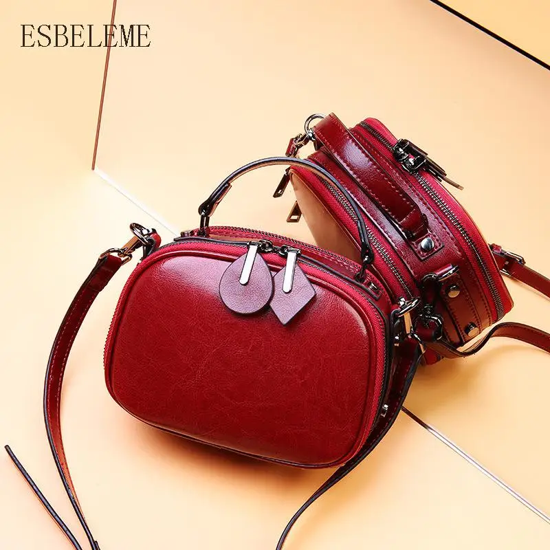 

Genuine Leather Female Handbags for Women Fashion Single Shoulder Bags Burgundy Brown Laides Crossbody Double-zipper Bag YH132