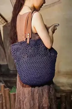 

42x37CM Original Handmade Knitted Handbag with flax Rope Retro Shoulder bag Genuine Leather handle Linen Crochet Bag A2940