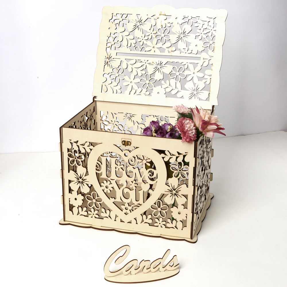 Новые горячие коробки для свадебных карт полые деревянные коробки для DIY свадебная открытка коробка деревянная коробка для денег с замком Свадебные украшения