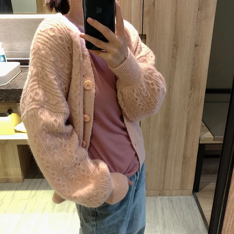 

Mooirue Twist Cable Sweater Coat Flowers Knitted Cardigan Pink Blue White Loose Spring 2019 Femme Korean Style Sweater Sweater