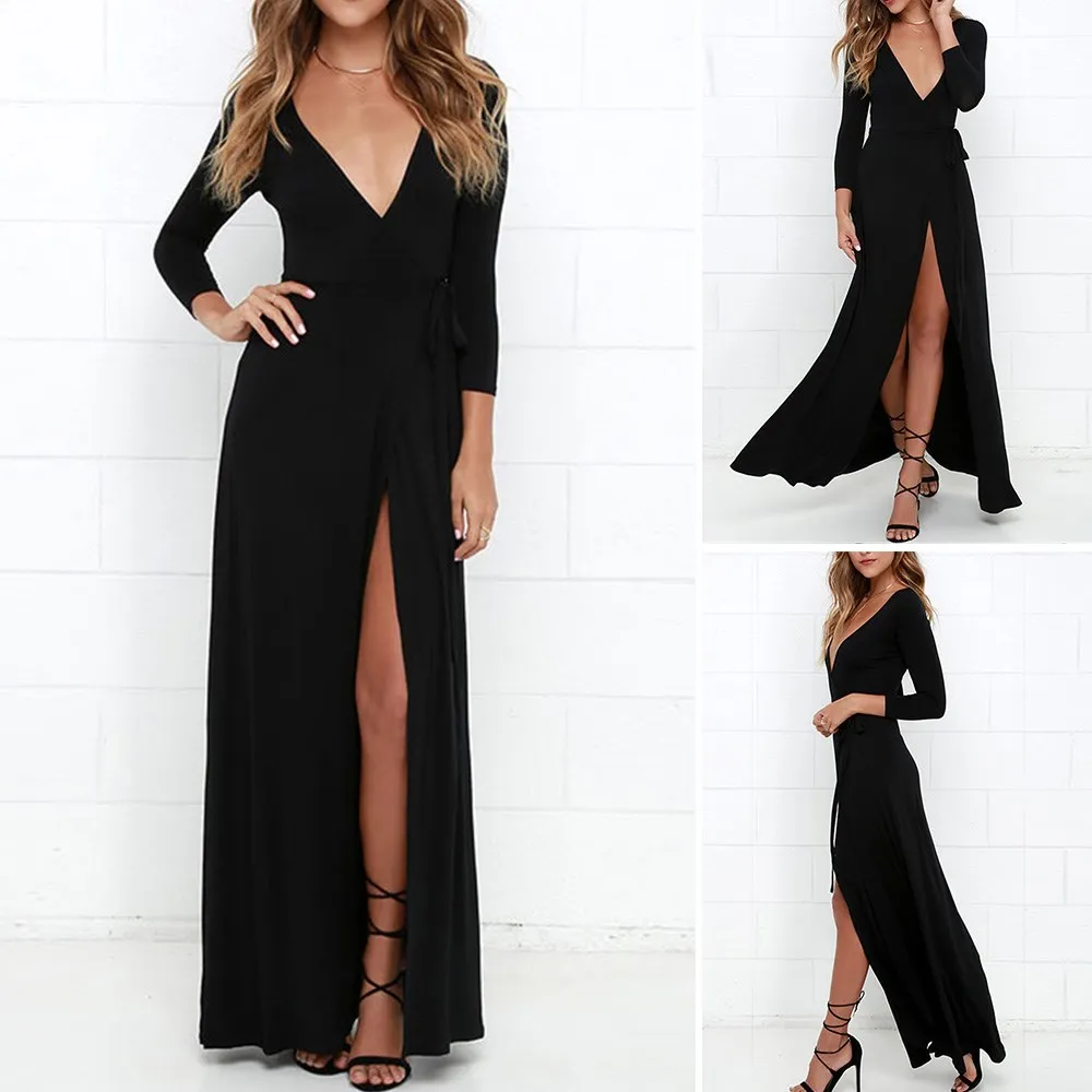 

Fashion 2019 Summer Women Black Deep V Neck Long Dress Long Sleeve Sashes Solid Elegant Dress High Split Party Dress