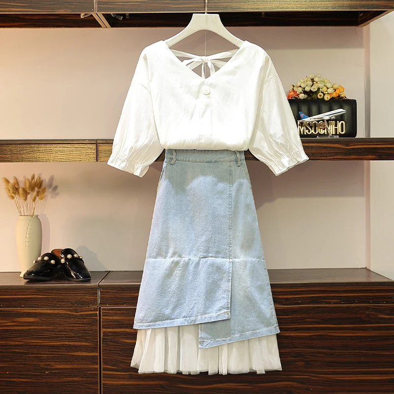 

5XL Large Size 2019 Summer Clothing Sweet 2 Piece Set Women Korean White Blouses Shirts + A-line Tulle Denim Jeans Skirts Suit