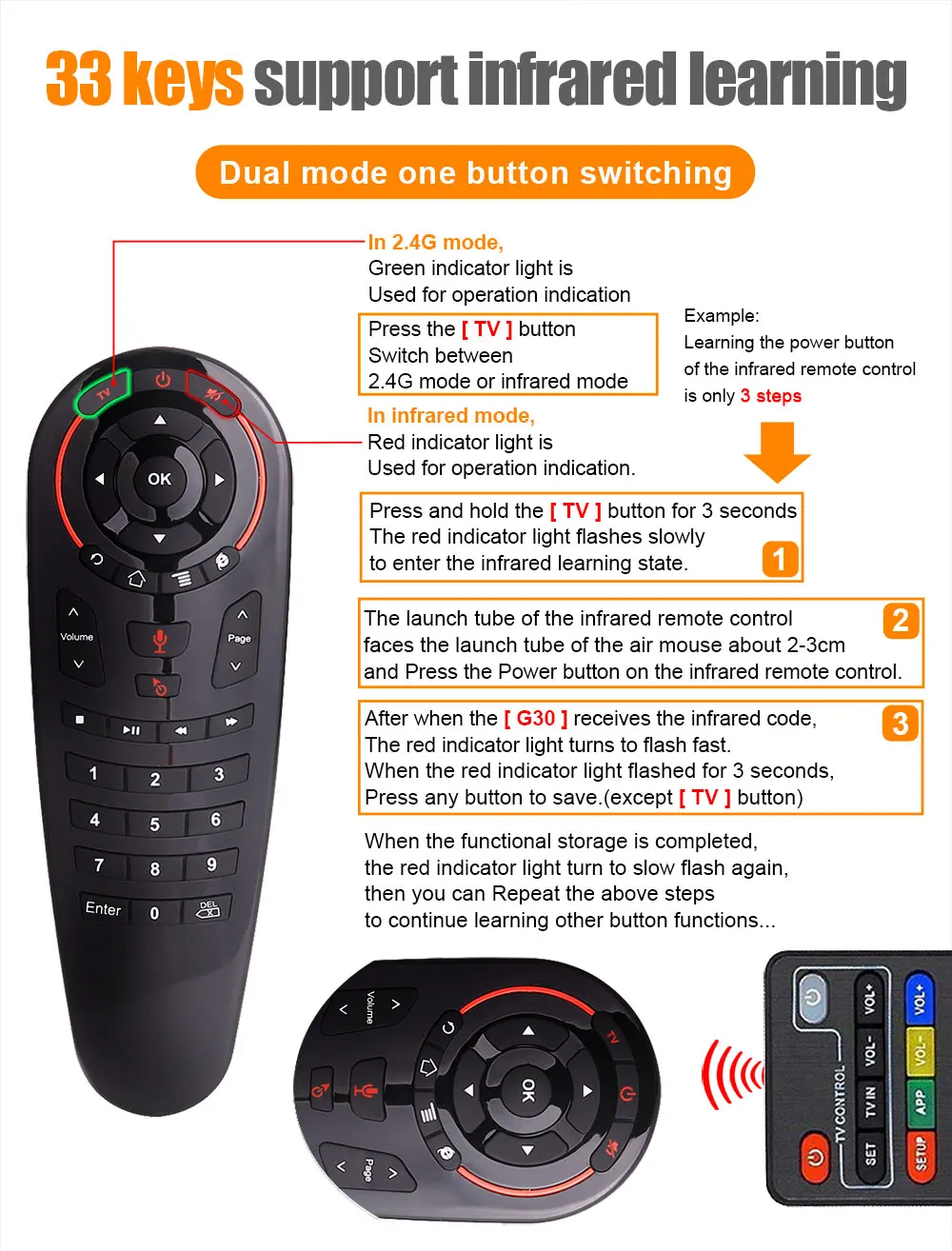 HUACP G30 Air mouse 33 клавиши ИК обучения гироскопа Google голосовой поиск 2 4G Fly