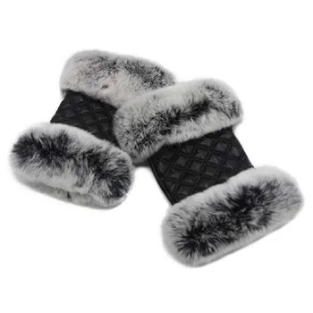 

Women Winter Warmer Wrist Gloves Genuine Leather Rex Rabbit Fur Fingerless Driving Gloves Plaid Sheepskin Mittens Luva feminina