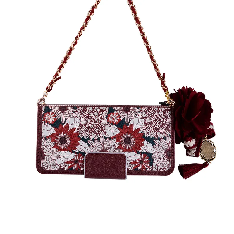 Роскошный кожаный чехол-кошелек с розовым цветком для iPhone 6 6s 7 8 Plus X XR XS Max Flower Chain Bag Coque