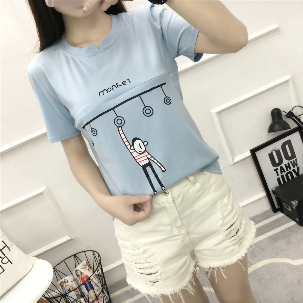 

2019 summer short-sleeved lactation printed t-shirt fashion pregnnat women breastfeeding tees o-neck maternity nursing tops