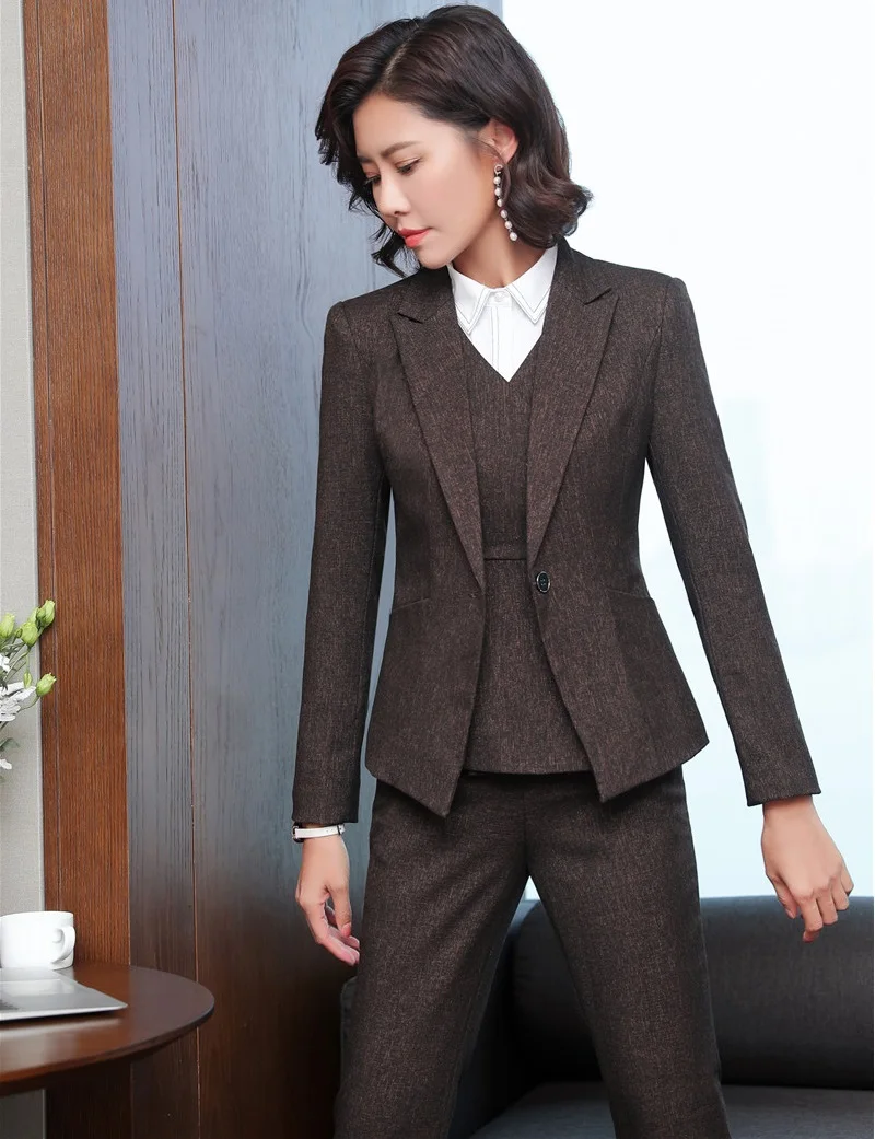 High Quality Fabric Formal 3 Piece Pantsuits With Jackets And Pants And Vest Coat & Waistcoat Women Uniform Designs Blazers Sets