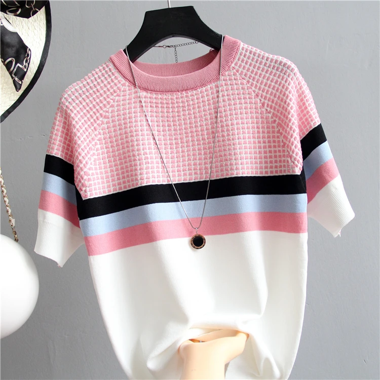 

2019 Summer New Houndstooth Lattice Contrast Ice Silk Sweater Thin Knitwear Women's Pullover Slim Pull Shirt Short Sleeve Tops