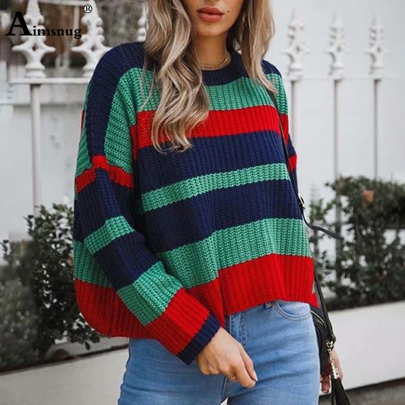

Aimsnug Green Preppy Contrast Color Thick Striped Long Sleeve O Neck Sweater 2019 Autumn Casual Women Loose Pullover Sweaters